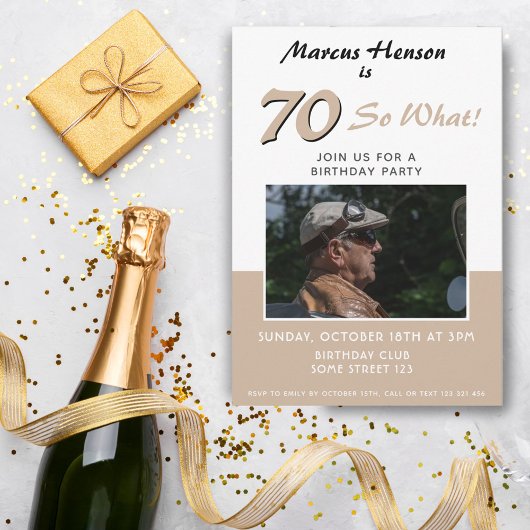 モダンな70歳の誕生日パーティー写真招待状