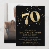モダンな70歳の誕生日フォトゴールドラメ 招待状 (正面/裏面)