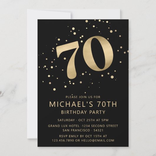 モダンな70歳の誕生日 ブラックとゴールド 招待状 (正面)