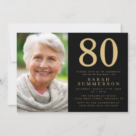 モダンな80歳のブラックゴールドフォト 80歳の誕生日 招待状