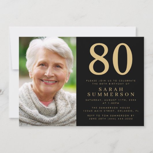 モダンな80歳のブラックゴールドフォト 80歳の誕生日 招待状 (正面)