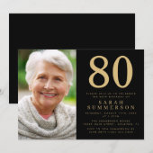 モダンな80歳のブラックゴールドフォト 80歳の誕生日 招待状 (正面/裏面)