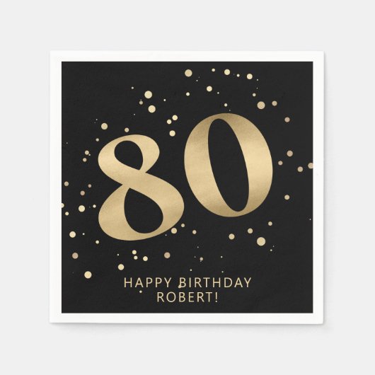 モダンな80歳の誕生日 | ブラック＋ゴールドのラメ スタンダードカクテルナプキン (正面)