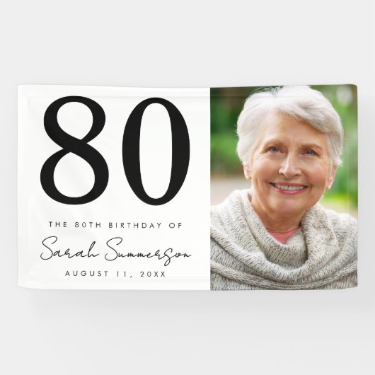 モダンな80歳の誕生日 ブラック ホワイト 写真 横断幕 (横)