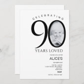 モダンな90歳の誕生日 フォトナンバー ミニマル 招待状 (正面/裏面)