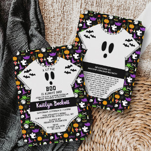 モダンな「リトルブー」ハロウィン ベイビー シャワー 招待状