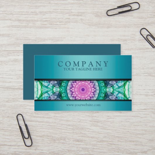 モダンな《植物》スイレンの曼荼羅のティール（緑がかった色） 名刺 (正面/裏面インサイチュ)