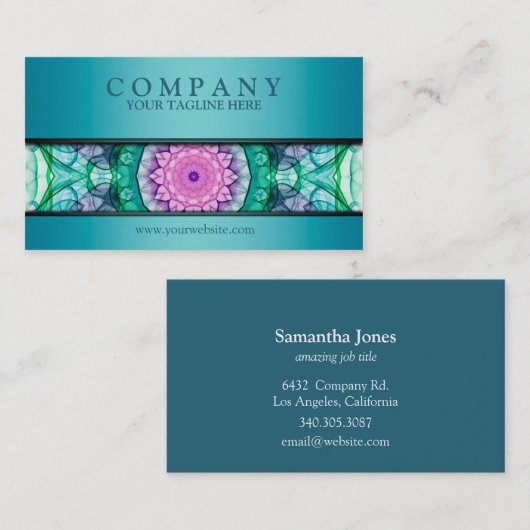 モダンな《植物》スイレンの曼荼羅のティール(緑がかった色) 名刺 (正面/裏面)