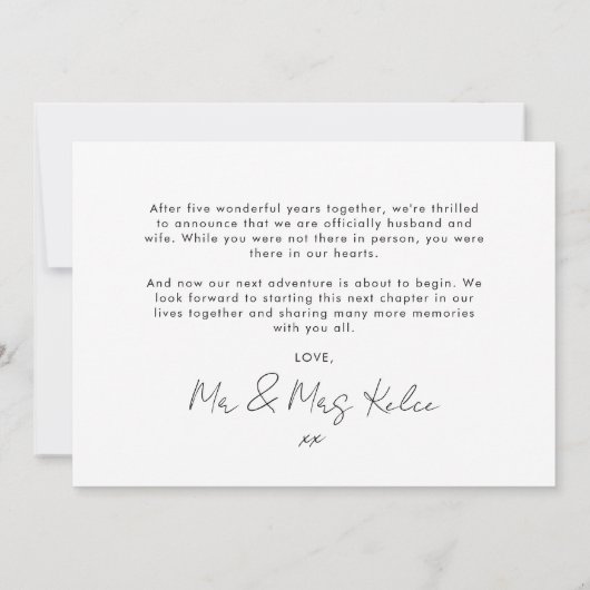 モダンな「私たちは秘密結婚しました」ウェディング発表写真 招待状 (裏面)