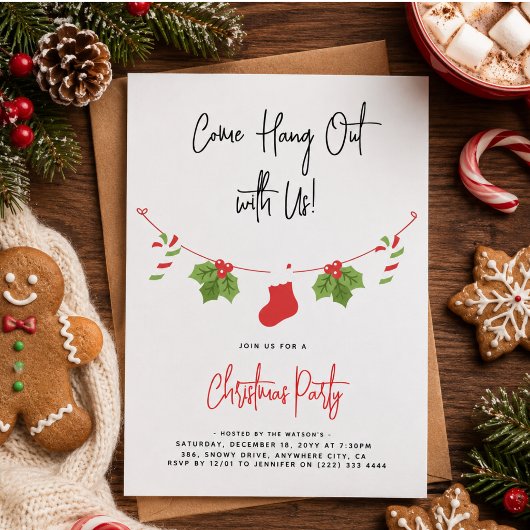 モダンな「Come Hang Out」サンタクロース クリスマスパーティー 招待状