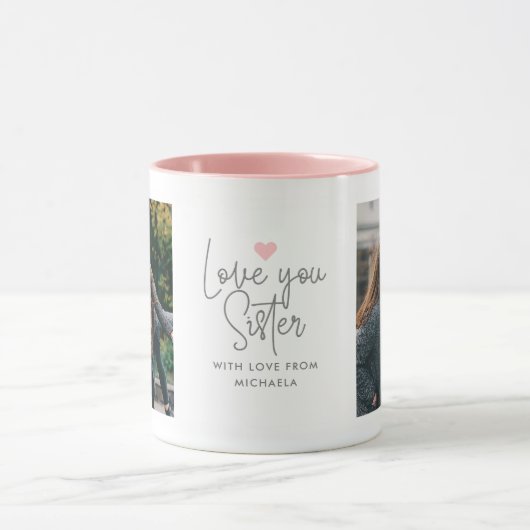 モダンな「Love You Sister」2枚の写真入り マグカップ (中央)