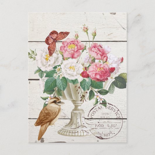 モダンな rustic 木材と花の植物アート ポストカード (正面)