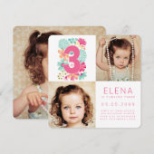 モダンな THREE 3歳の誕生日 女の子の フォトカード 招待状 (正面/裏面)