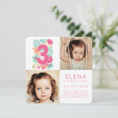 モダンな THREE 3歳の誕生日 女の子の フォトカード 招待状 (スタンド正面)