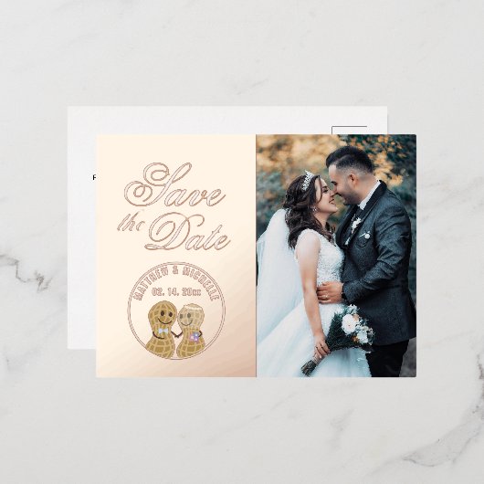 モダンな whimsical ウェディングピクチャー Save The Date 箔招待状ポストカード (正面/裏面)