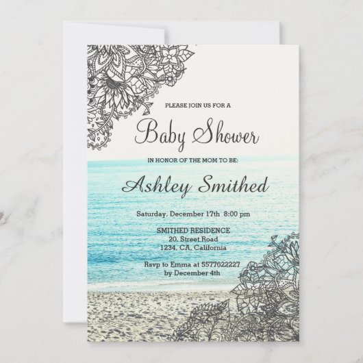 モダンなbohoの花のビーチの写真撮影のベビーシャワー 招待状 (正面)