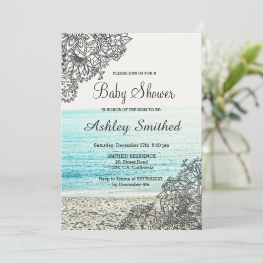 モダンなbohoの花のビーチの写真撮影のベビーシャワー 招待状 (スタンド正面)