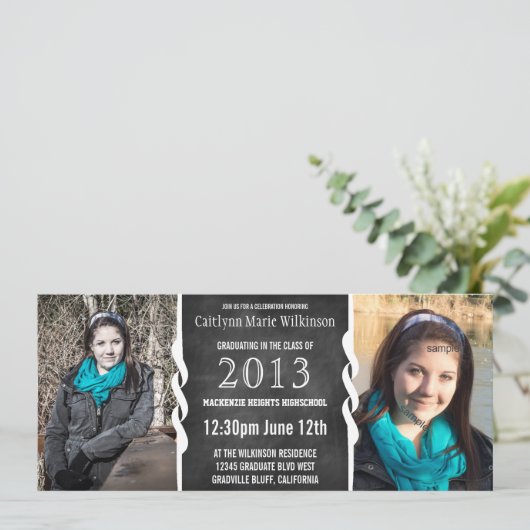 モダンなBWの黒板2の写真の卒業生のパーティー 招待状 (スタンド正面)