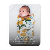 モダンなHello World新生児写真エレガントスクリプト マグネット (縦)