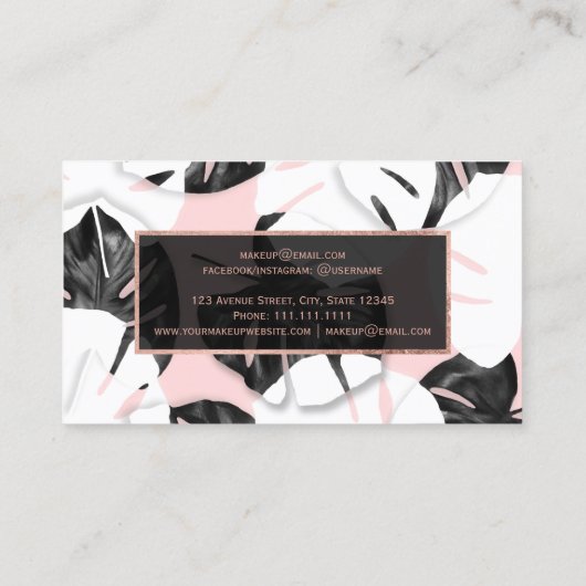 モダンなmonsteraの白黒のピンクの卵の金ゴールドの化粧 名刺 (裏面)