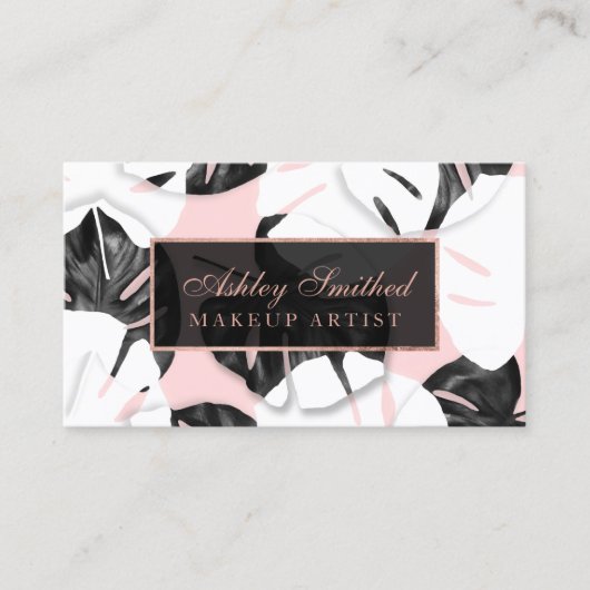 モダンなmonsteraの白黒のピンクの卵の金ゴールドの化粧 名刺 (正面)