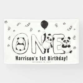 モダンなONEパンダの1歳の誕生日パーティー 横断幕