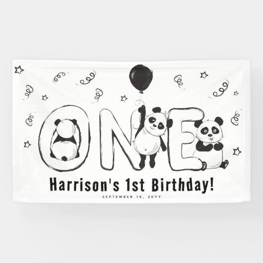 モダンなONEパンダの1歳の誕生日パーティー 横断幕 (横)