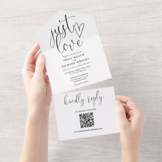 モダンなQRコードのブラック＆ホワイトウェディングをただ愛して オールインワン招待状 (貼ってはがせる)