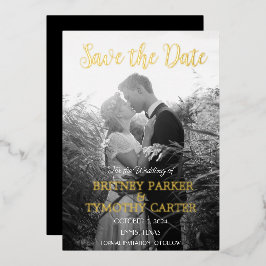 モダンなQRコード写真スクリプトブラックウェディング 箔招待状