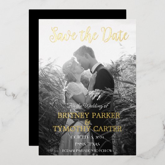 モダンなQRコード写真スクリプトブラックウェディング 箔招待状 (正面/裏面)