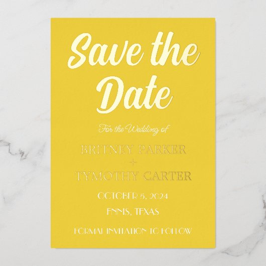 モダンなQRコード写真黄色スクリプト結婚式 箔招待状 (正面)