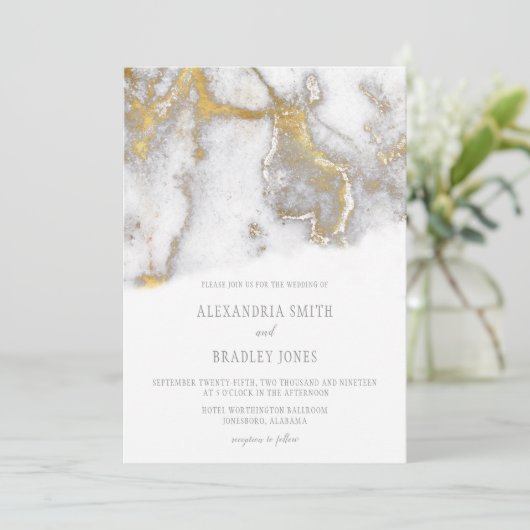 モダンによって大理石模様をつけられる灰色および金ゴールドの結婚式招待状| 招待状 (スタンド正面)