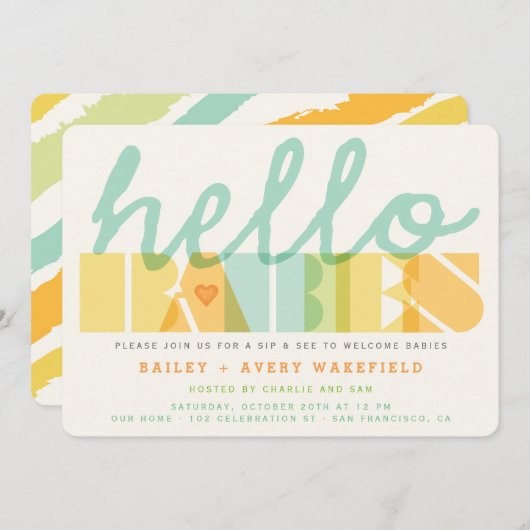 モダンのこんにちはベビーの双生児のベビーの一口は及び招待を見ます 招待状 (正面/裏面)