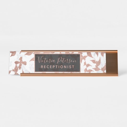 モダンのばら色の金ぱくの群葉の粋で白い大理石 デスクネームプレート (正面)