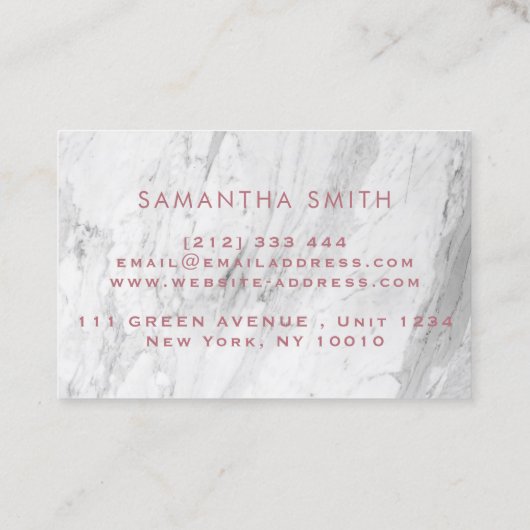 モダンのばら色の金ゴールドおよび白い大理石のネイル 名刺 (裏面)