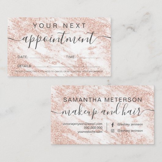 モダンのばら色の金ゴールドのグリッターの白人の大理石のプロフェッショナル 予約カード (正面/裏面)