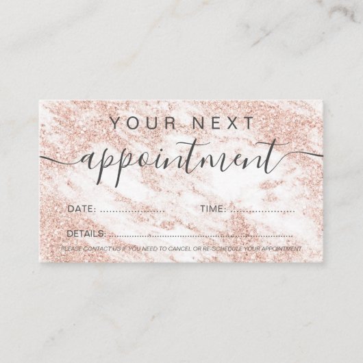 モダンのばら色の金ゴールドのグリッターの白人の大理石のプロフェッショナル 予約カード (正面)