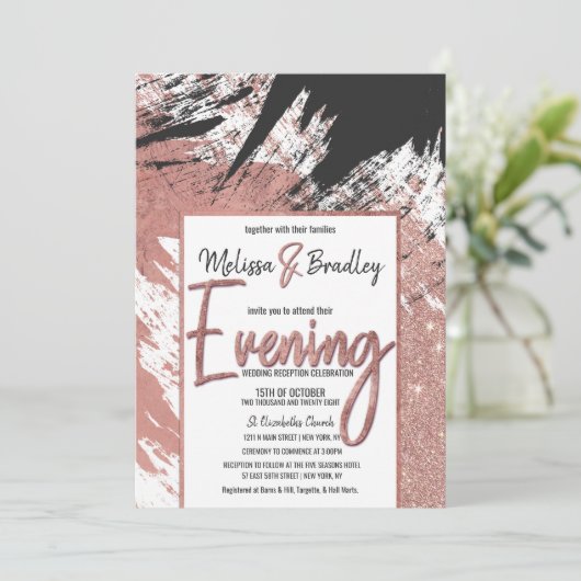 モダンのばら色の金ゴールドのグリッターの黒ブラシストローク夕べ 招待状 (スタンド正面)