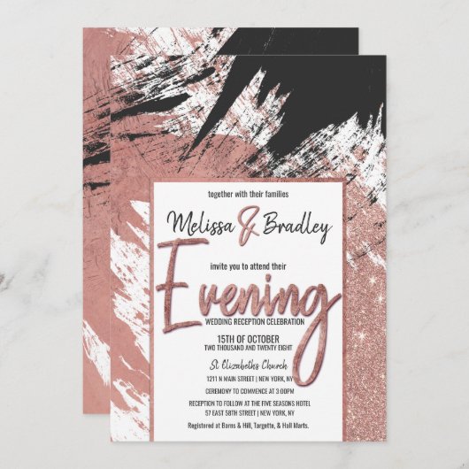 モダンのばら色の金ゴールドのグリッターの黒ブラシストローク夕べ 招待状 (正面/裏面)