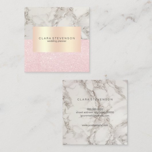 モダンのばら色の金ゴールドのグリッター及び大理石のウェディングプランナー スクエア名刺 (正面/裏面)