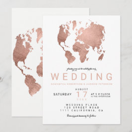 モダンのばら色の金ゴールドのシックな世界地図の結婚式 招待状