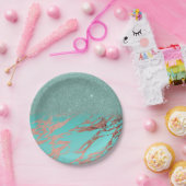 モダンのばら色の金ゴールドのティール(緑がかった色)の大理石のグリッターの勾配 ペーパープレート (パーティー)