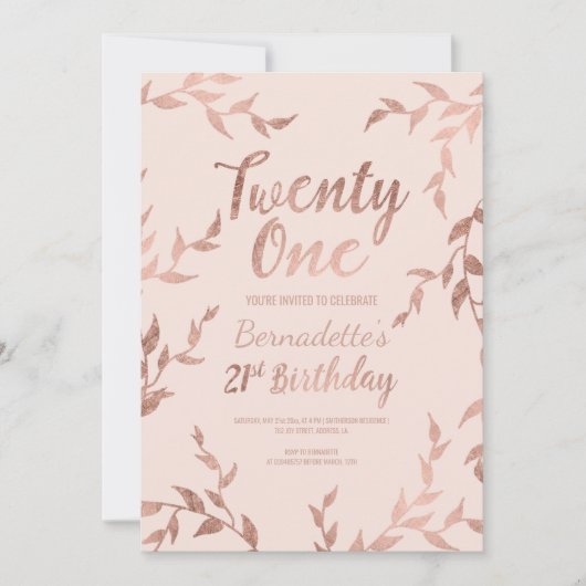 モダンのばら色の金ゴールドの花の赤面のピンクの第21誕生日 招待状 (正面)