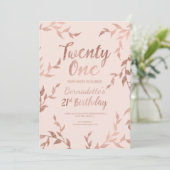モダンのばら色の金ゴールドの花の赤面のピンクの第21誕生日 招待状 (スタンド正面)