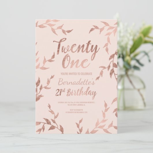 モダンのばら色の金ゴールドの花の赤面のピンクの第21誕生日 招待状 (スタンド正面)