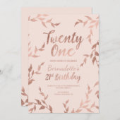 モダンのばら色の金ゴールドの花の赤面のピンクの第21誕生日 招待状 (正面/裏面)