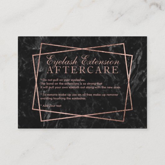 モダンのばら色の金ゴールドの黒の大理石のまつげのアフターケア 名刺 (裏面)
