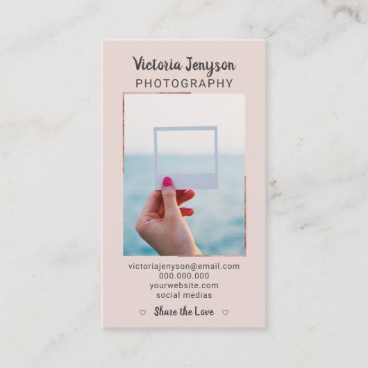 モダンのばら色の金ゴールドフレームのカメラマンのトレンディーの写真 名刺 (正面)