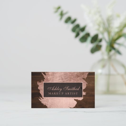 モダンのばら色の金ゴールドブラシストローク素朴な木製の化粧 名刺 (スタンド正面)