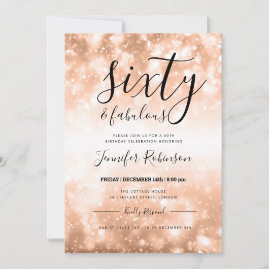 モダンのばら色の金ゴールド60及びすばらしい第60誕生日 招待状 (正面)